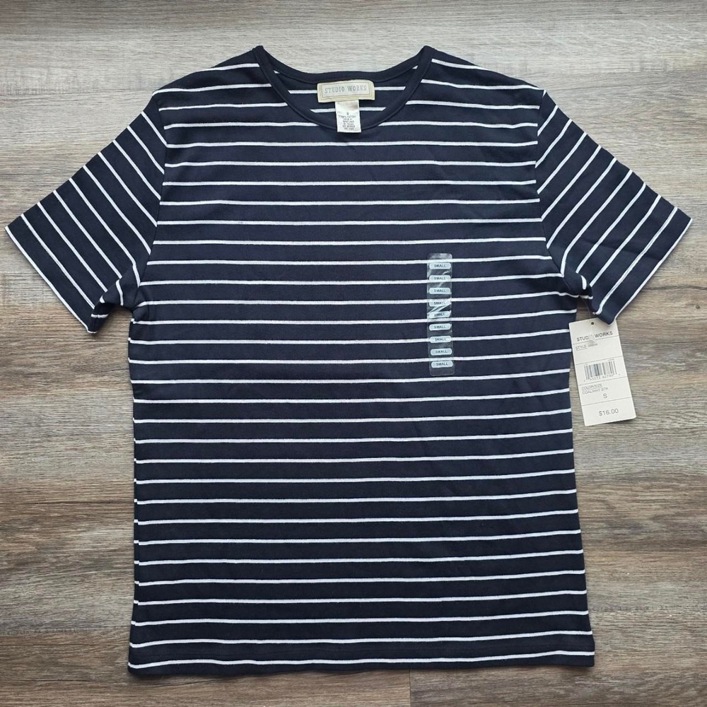 Studio Works Vintage Striped Cotton T-Shirt Navy Blue White EK9506 Small NWT